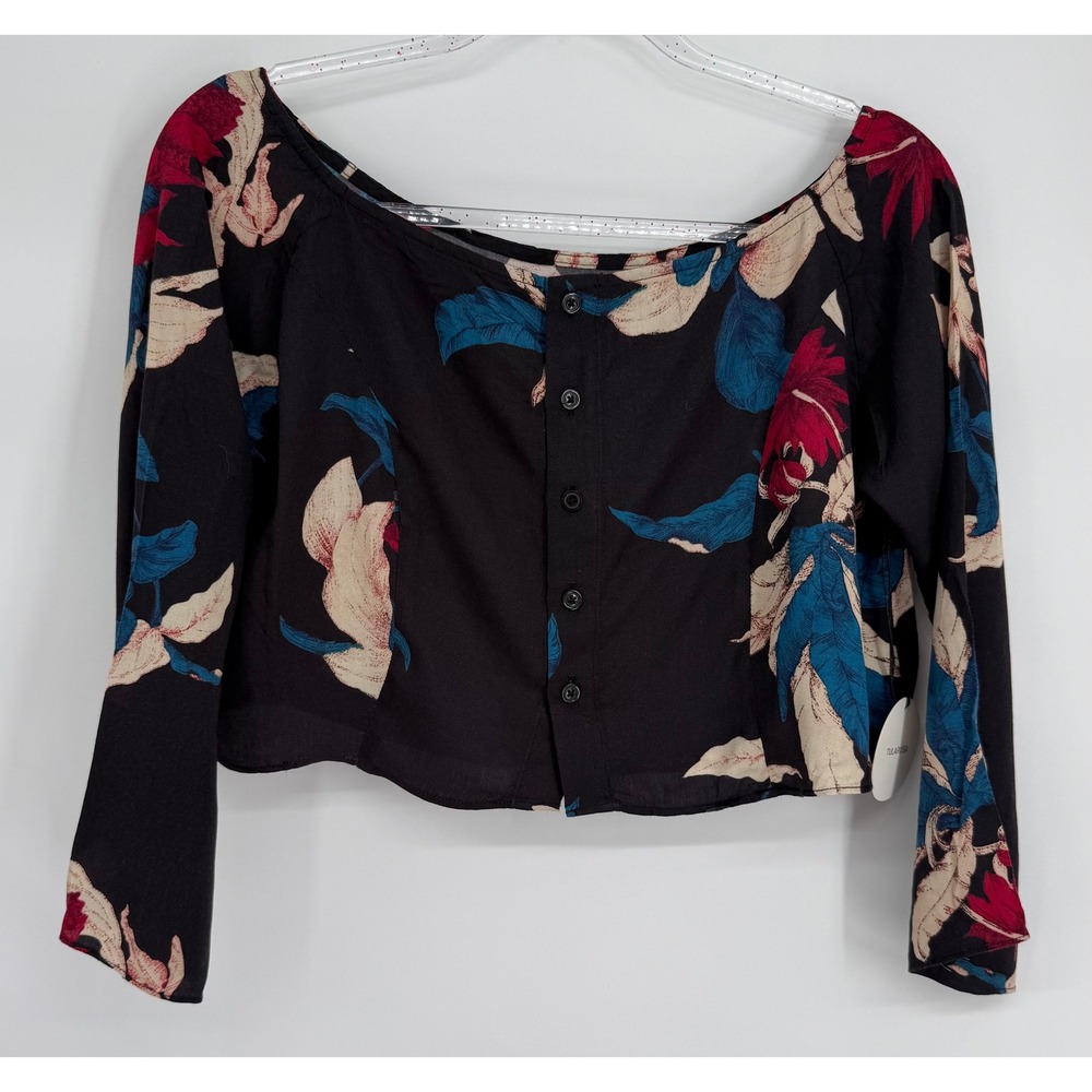 Tularosa Black Floral Button Front Off Shoulder Crop Top Long Sleeve Sz S NEW